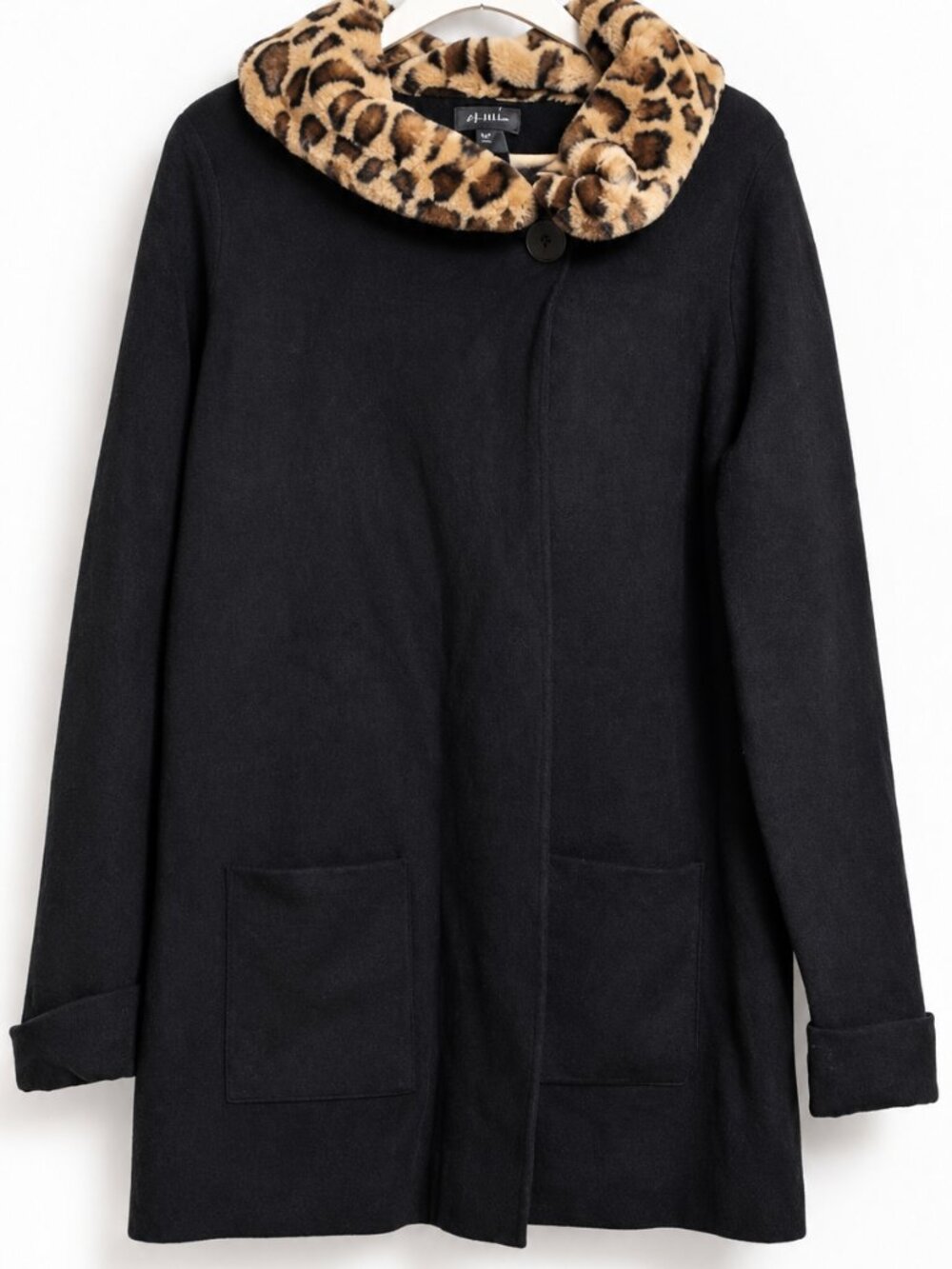 JNY Jones New York XL Black Sweater Coat Removable Leopard Collar